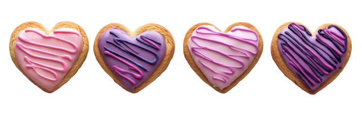 Heart-shaped cookies with pink and purple icing on transparent background png