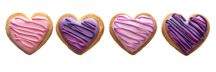 Heart-shaped cookies with pink and purple icing on transparent background png