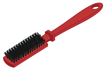 Photograph of a red bristle brush with a red plastic handle and a red plastic grip on the end of the handle. The brush head is filled with black bristles and the bristles are densely packed and appear