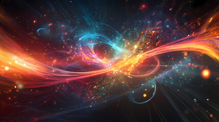 Obraz premium Futuristic visualization of data motion in cyber space, with light particles and wave patterns on a dark backdrop. Cyber Aesthetic. Illustration