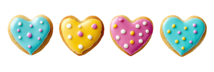 Heart-shaped colorful iced cookies with sprinkles on transparent background png