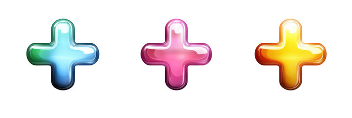 Obraz premium Glossy multicolored plus signs on transparent background – blue, pink, yellow png