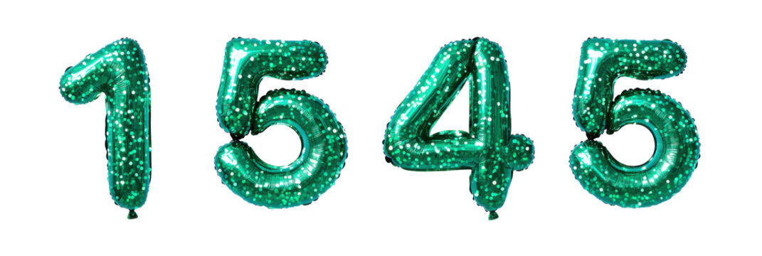 Green shiny foil balloon numbers 1545 displayed on transparent background png