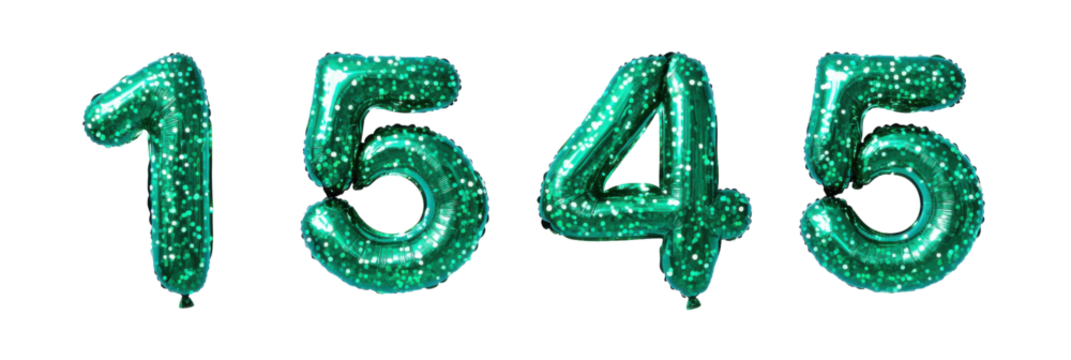 Green shiny foil balloon numbers 1545 displayed on transparent background png