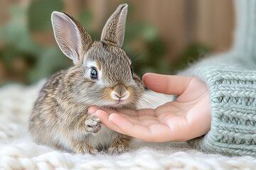 Close-up of a hand petting a small rabbit. National Pet Day.