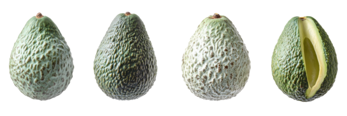 Four stages of whole and sliced avocado on transparent background png