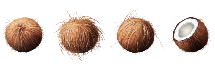 Four stages of whole coconuts opening progression with exposed inner white flesh png