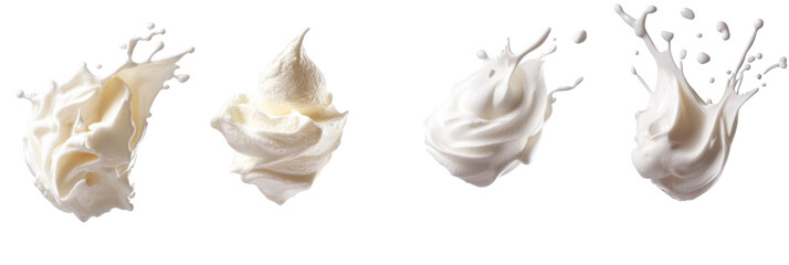 Four splashes of whipped cream in mid-air against transparent background png