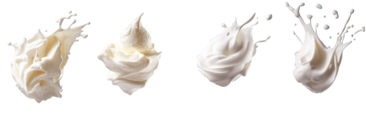 Four splashes of whipped cream in mid-air against transparent background png