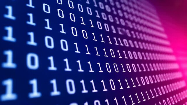 Digital Binary Code Animation on Black Background in Futuristic Purple and Blue Colors Depicting Data Movement and Technology Concepts
