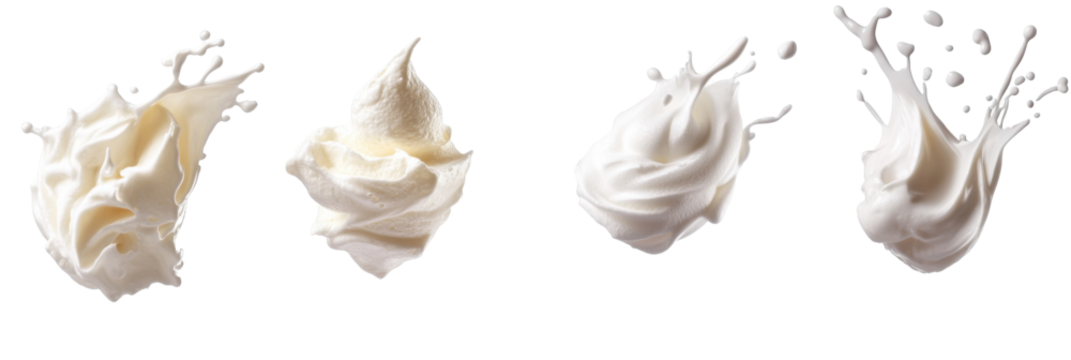 Four splashes of whipped cream in mid-air against transparent background png