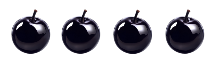 Four shiny black apples in a row on transparent background reflecting light png