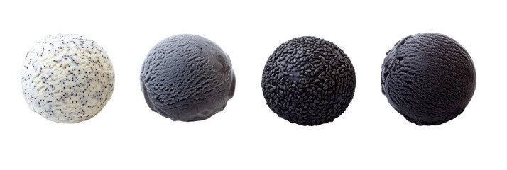 Four scoops of uniquely textured black and white ice cream on transparent background png