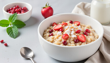 Vibrant amaranth porridge topped with strawberries and pomegranate, minimalistic style
