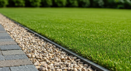A well manicured lawn with a gravel border focusing on the texture contrast between the smooth pebbles and lush grass