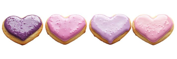 Four heart-shaped cookies with pink and purple icing on a transparent background png