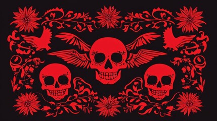 Red skulls and floral decoration with wings