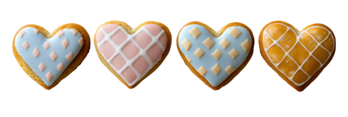 Four heart-shaped cookies with colorful icing and geometric patterns on transparent background png