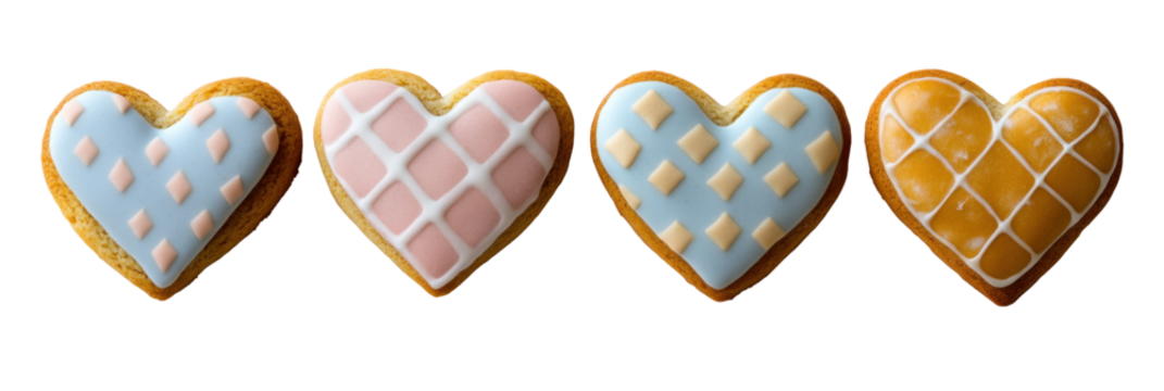 Four heart-shaped cookies with colorful icing and geometric patterns on transparent background png