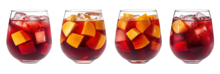 Four glasses of red sangria with ice and orange chunks on transparent background png