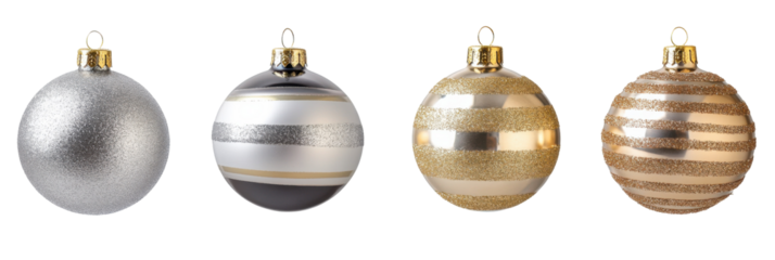 Four elegant silver and gold christmas ornaments with glitter stripes on transparent background png
