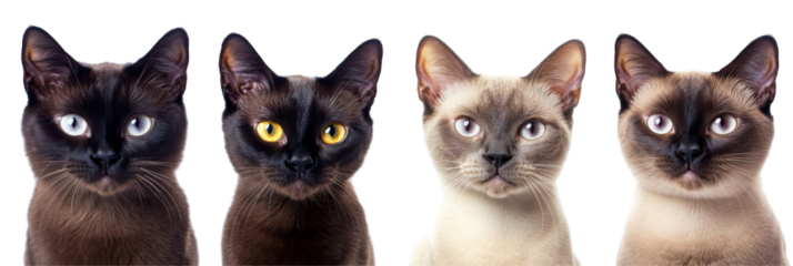 Four burmese cats with distinct coat colors and eye features png