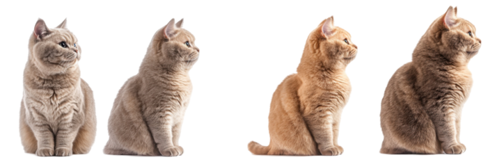 Four british shorthair cats sitting side by side with different fur colors on transparent background png