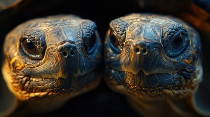 Fototapeta premium Close-up Portrait of Two Tortoises Showcasing Intricate Shell Patterns and Detailed Facial Expressions, Celebrating the Natural Beauty of These Remarkable Reptiles