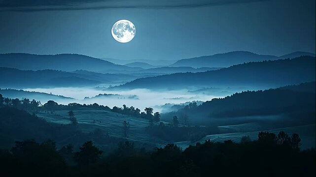 Misty Valley Under Full Moon. A Serene Night Landscape.