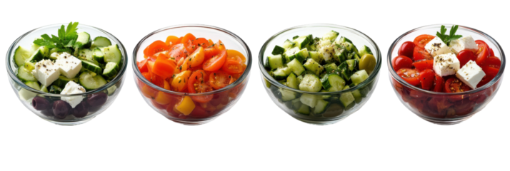 Four bowls of fresh salad with tomatoes, cucumbers, olives, and feta cheese on a transparent background png