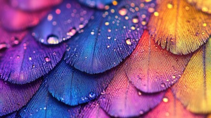 Colorful wet feathers close-up, vibrant rainbow hues, water droplets. Background abstract pattern. Use design, print, or web