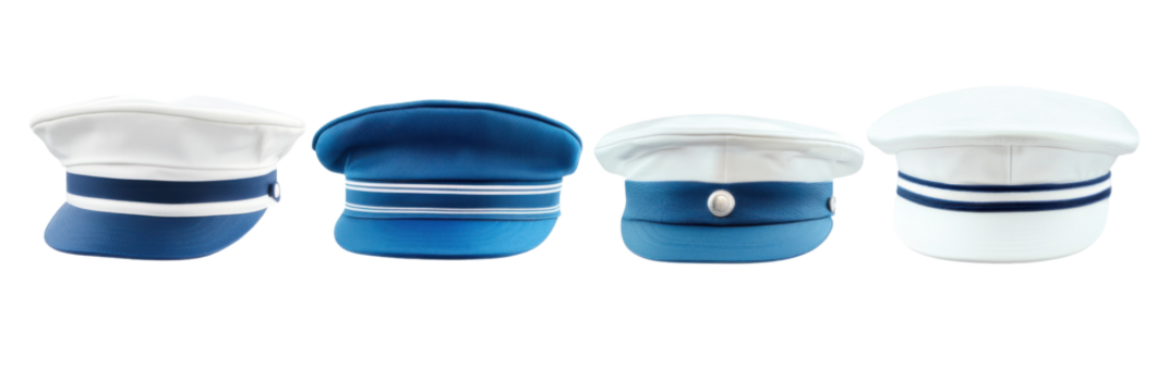 Four blue and white sailor hats in a row isolated on transparent background png