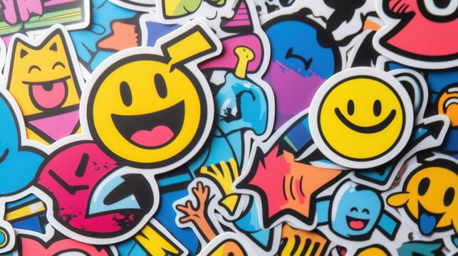 Naklejki A bold and colorful sticker collection with smiley faces, arrows, and quirky phrases. -