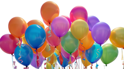 a bunch of brightly colored balloons floating upwards with ribbons attached