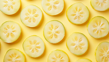 "Pattern of Fresh and Juicy Melon Slices Arranged in an Organic, Repeating Layout on a Vibrant Yellow Background"