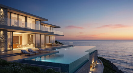 Obraz premium A breathtaking cliffside mansion with an expansive infinity pool overlooking the ocean at sunset