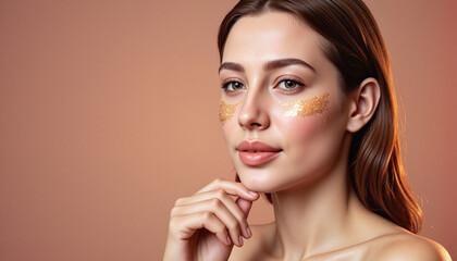 Fototapeta premium Dreamy young woman with golden glitter on her face, glowing skin, and soft light