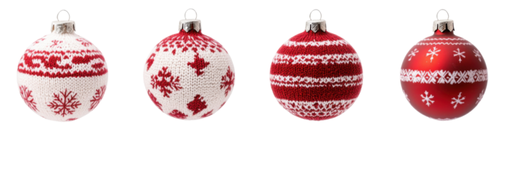 Festive red and white christmas ornaments with knitted patterns on transparent background png