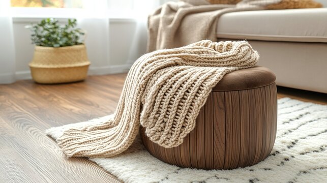 Cozy knitted throw on wooden ottoman in a living room with warm tones