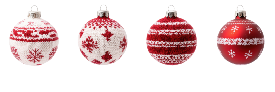 Festive red and white christmas ornaments with knitted patterns on transparent background png