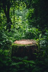A mossy tree stump surrounded by lush green foliage in a dense forest