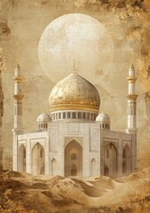 Golden Mosque Desert Landscape Under Full Moon