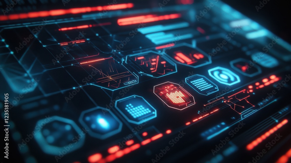 Poster futuristic digital interface with neon elements and data visualizations
