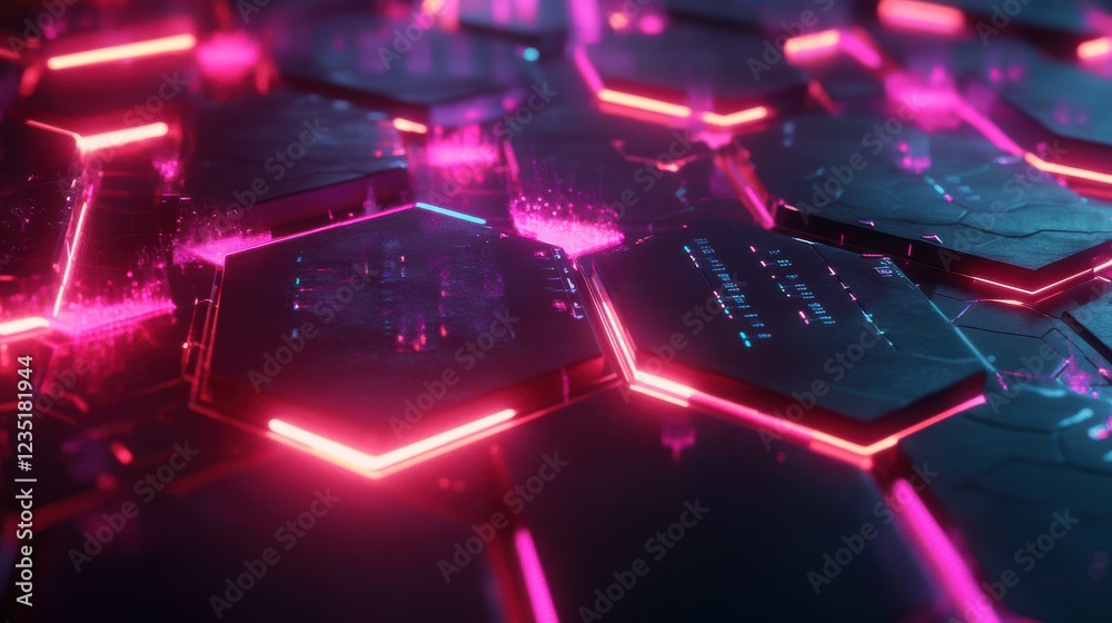 Poster neon hexagonal pattern with glowing edges and futuristic design