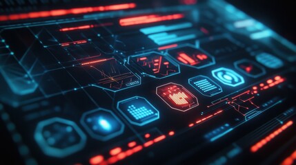 Fototapeta premium Futuristic Digital Interface with Neon Elements and Data Visualizations