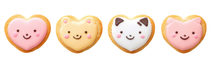 Cute heart-shaped cookies with animal faces and colorful icing png