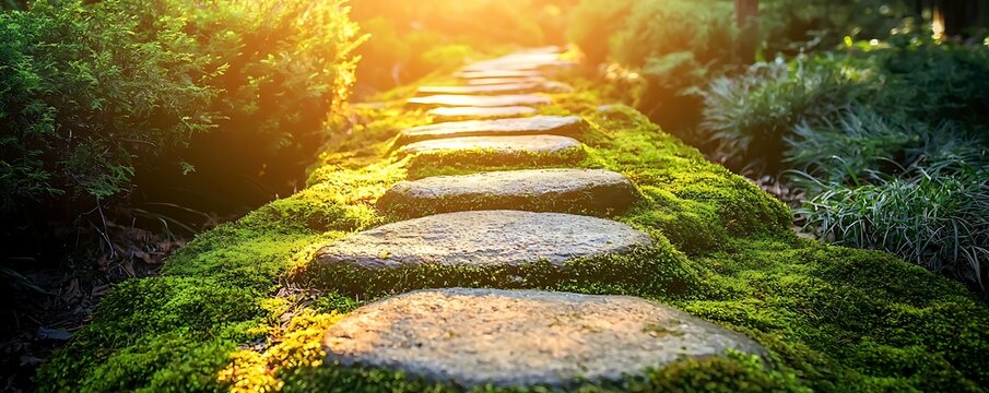 A peaceful forest pathway with vibrant moss-covered stones and soft sunlight