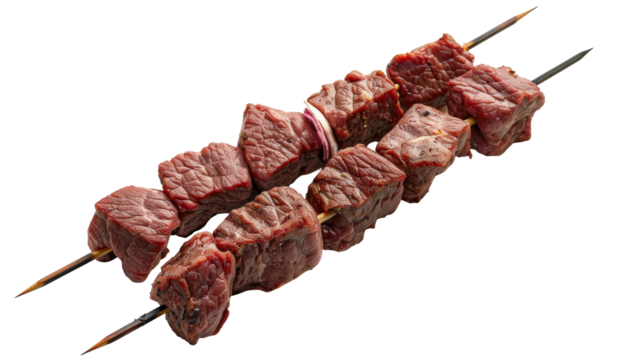 beef on a single shish kebab isolated on transparent white background, clipping path