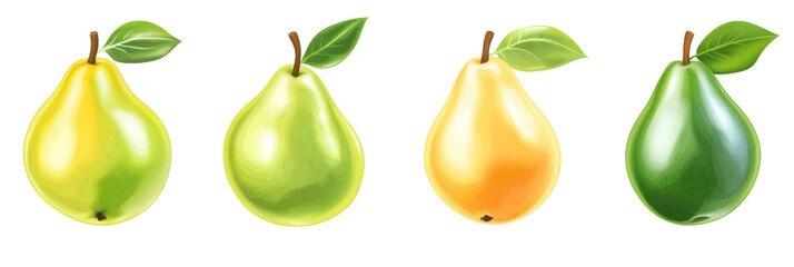 Colorful pear varieties with green leaves on transparent background png