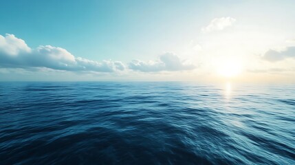 Fototapeta premium Serene ocean view at sunrise with calm waters and soft clouds.